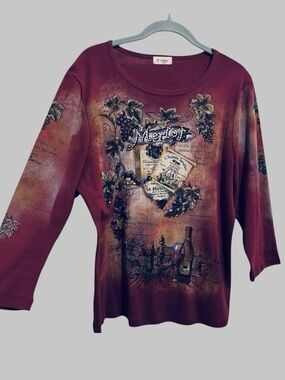 Cactus Y2K Merlot Wine Art to Wear Rhinestones All Over Print Top Shirt Size L